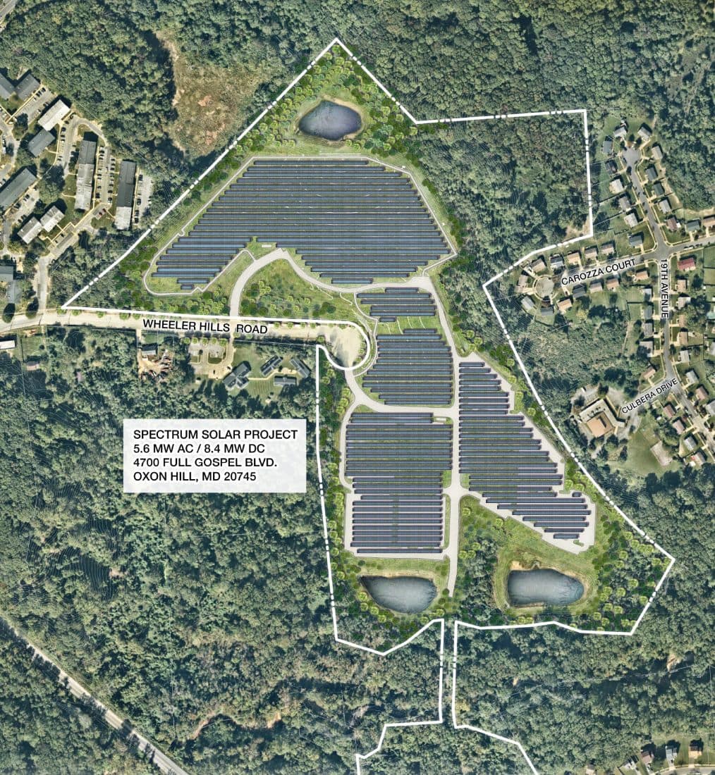 Aerial view of the Spectrum Solar array in Oxon Hill